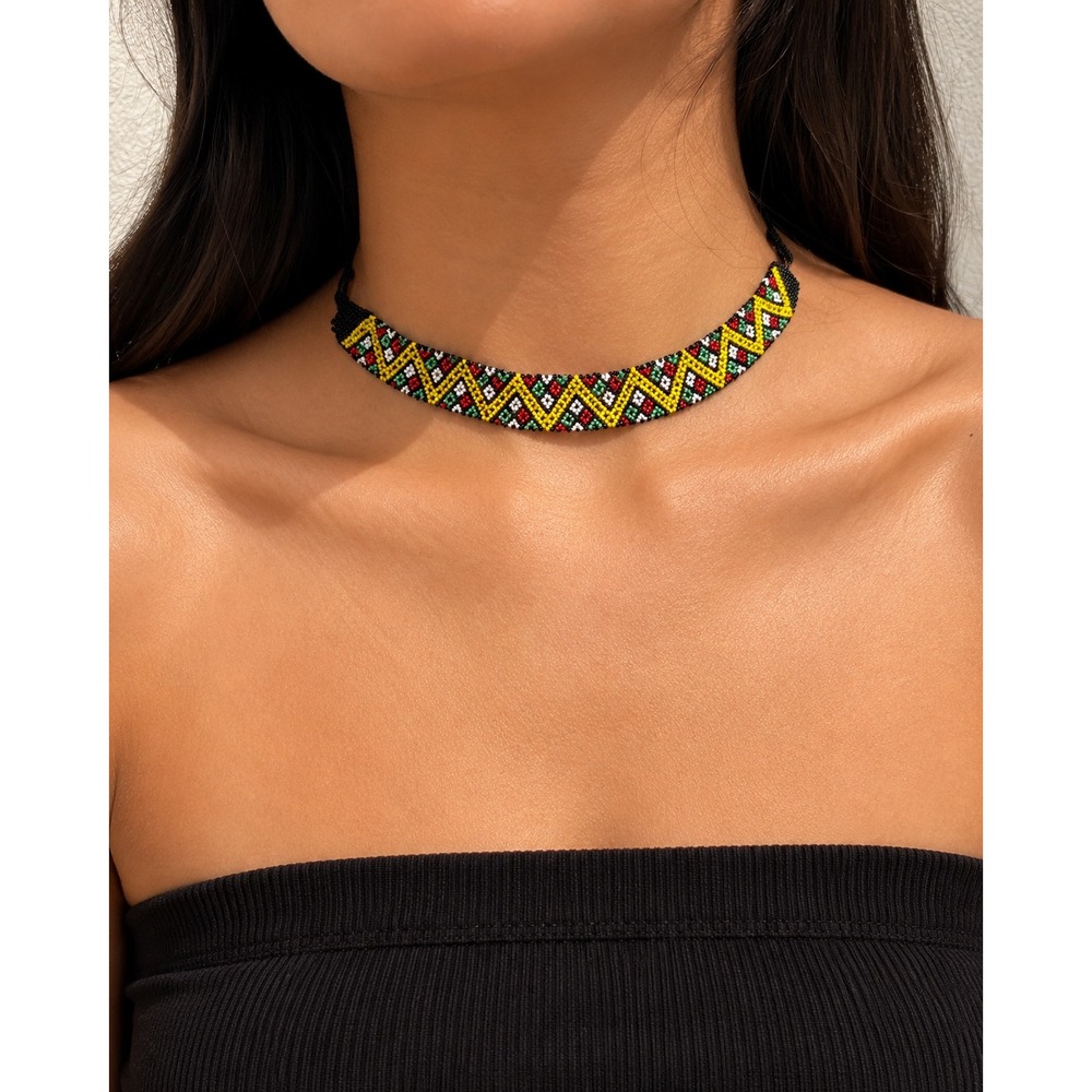 Handmade Seed Bead‎ Choker Necklace Geometric Zigzag Tribal Yellow Red Green Blk